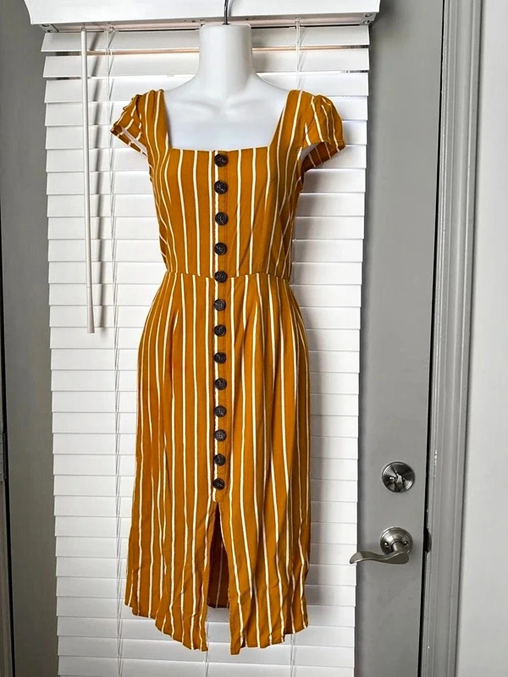 Striped Button Front Midi Dress in Orange & White Like New